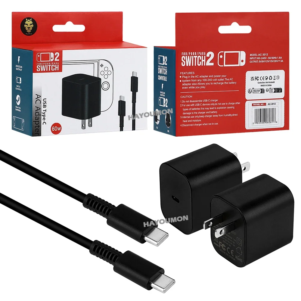 Gaming Accessories Wall - Switch 2用ACアダプター 急速充電器 60W Type-C電源供給 TVモード対応